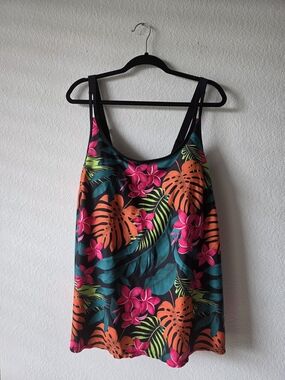 SHEIN Black Tropical Floral Swim Tankini Top with Pink & Orange Accents